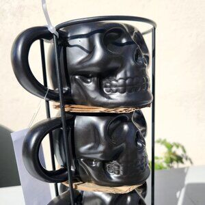 NEW Skull Mug Set of 4 Stackable Mugs Dia De Los Muertos Skulls Halloween Stonew